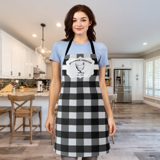 Black Buffalo Plaid Farm Chicken Apron (Black Buffalo Plaid Farm Chicken Personalized Apron)