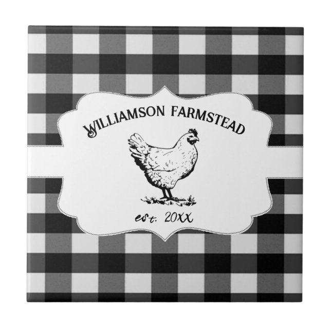 Black Buffalo Plaid Farm Chicken Decorative Tile (Front)