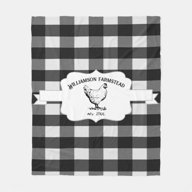 Black Buffalo Plaid Farm Chicken Fleece Blanket (Front)