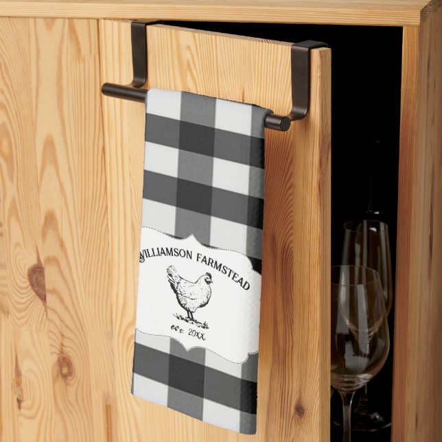 Black Buffalo Plaid Farm Chicken Kitchen Towel (Thirds Fold)