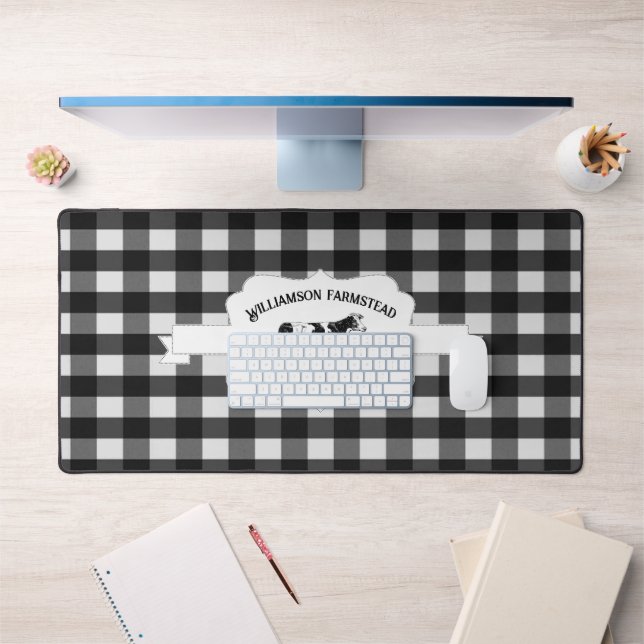 Black Buffalo Plaid Farm Cow Desk Mat (Office 1)