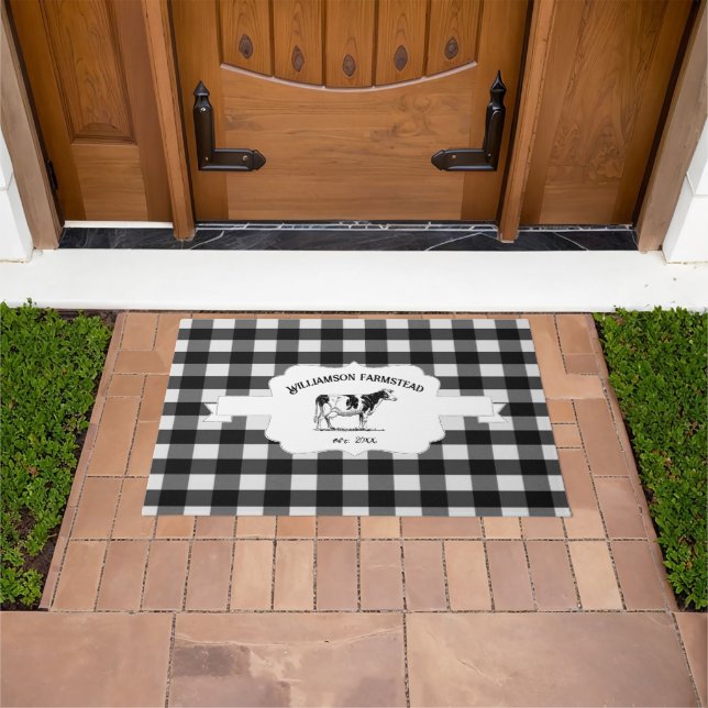 Black Buffalo Plaid Farm Cow Doormat (Outdoor)
