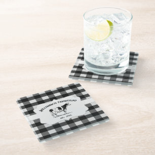 Black Buffalo Plaid Farm Cow Glass Coaster