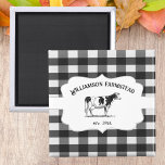 Black Buffalo Plaid Farm Cow Magnet<br><div class="desc">Add a country touch to your kitchen with this rustic Black Buffalo Plaid Farm Cow Magnet. Magnet design features a farm cow on an elegant tag and custom text for you to personalise with your family name against a gingham pattern background. Additional home decor items available with this design.</div>