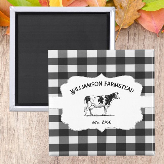 Black Buffalo Plaid Farm Cow Magnet (Black Buffalo Plaid Farm Cow Kitchen Magnet)