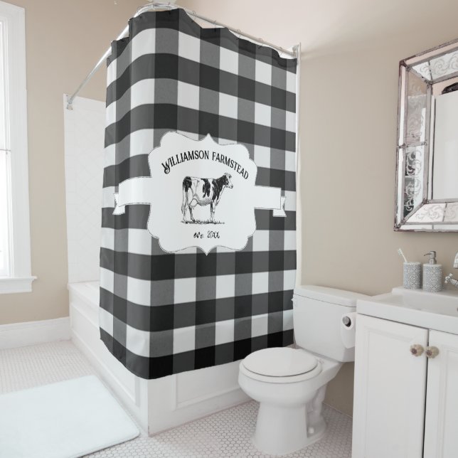 Black Buffalo Plaid Farm Cow Shower Curtain (In Situ)