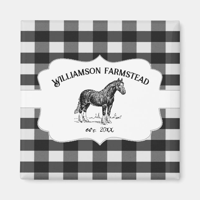 Black Buffalo Plaid Farm Horse Magnet (Front)