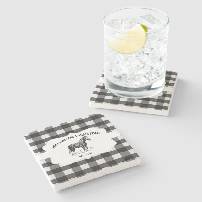 Black Buffalo Plaid Farm Horse Stone Coaster (Side)