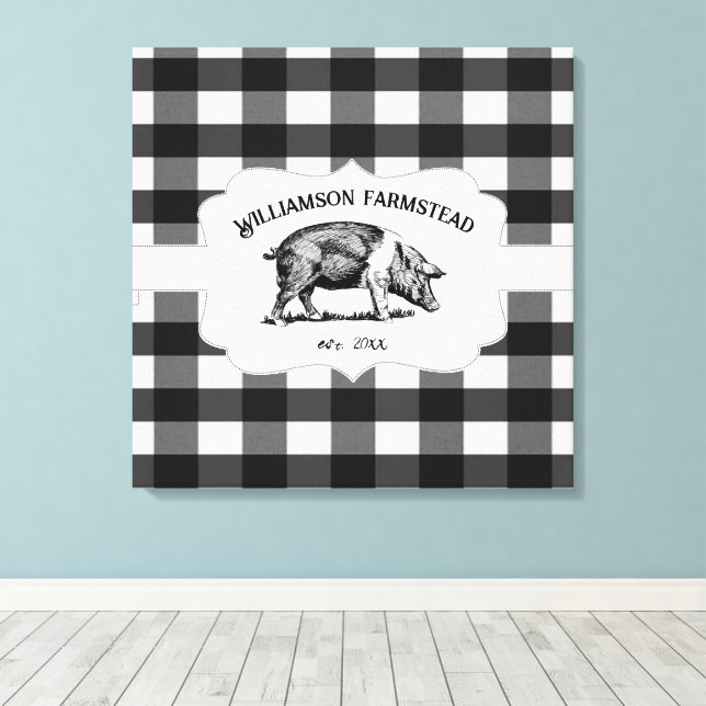 Black Buffalo Plaid Farm Pig Canvas Print (Insitu(Wood Floor))