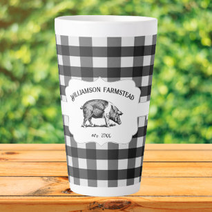 Black Buffalo Plaid Farm Pig Latte Mug