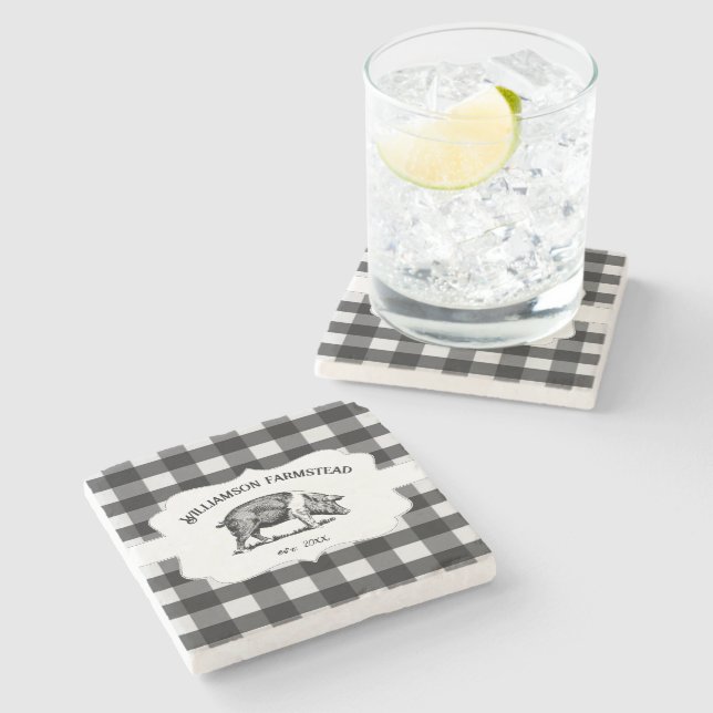 Black Buffalo Plaid Farm Pig Stone Coaster (Side)