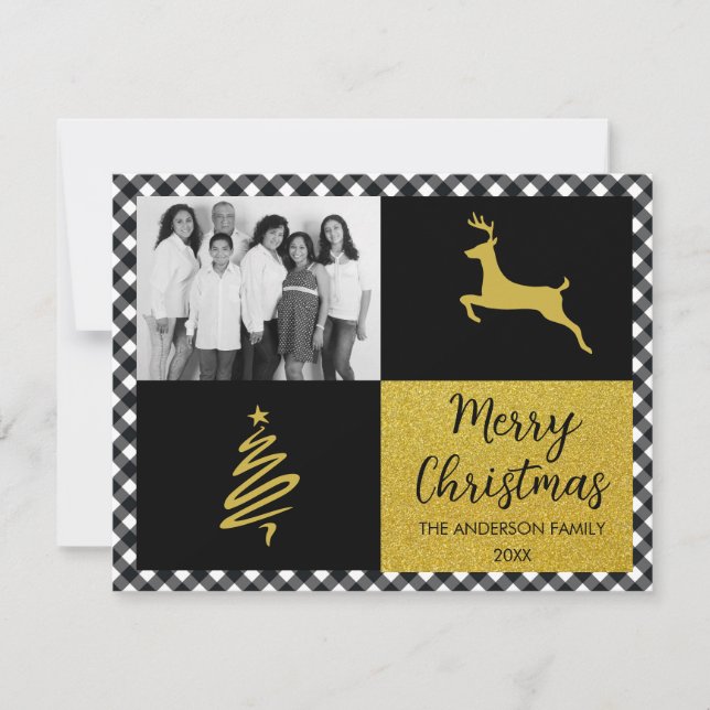 Black Buffalo Plaid Gold Christmas Family Photo Holiday Card (Front)