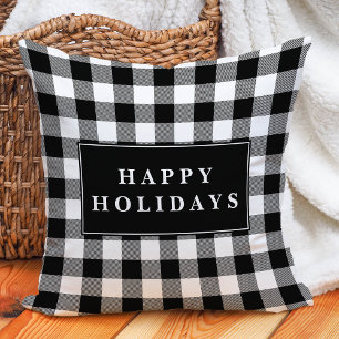 Black Buffalo Plaid Happy Holidays Christmas Cushion
