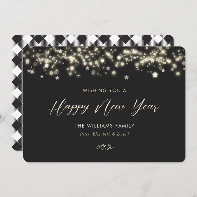 Black Buffalo Plaid Happy New Year Card (Front/Back)