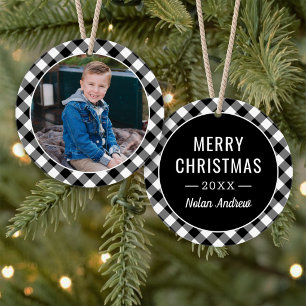 Black Buffalo Plaid Holiday Photo Personalised Ornament