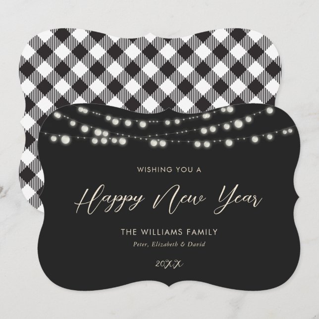 Black Buffalo Plaid Lights Happy New Year Cards (Front/Back)
