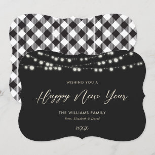 Black Buffalo Plaid Lights Happy New Year Cards