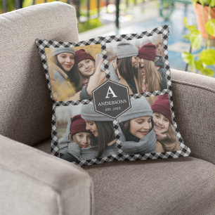 Black Buffalo Plaid Lumberjack Photo Collage Cushion