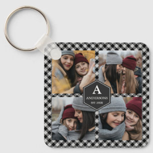 Black Buffalo Plaid Lumberjack Photo Collage Key Ring