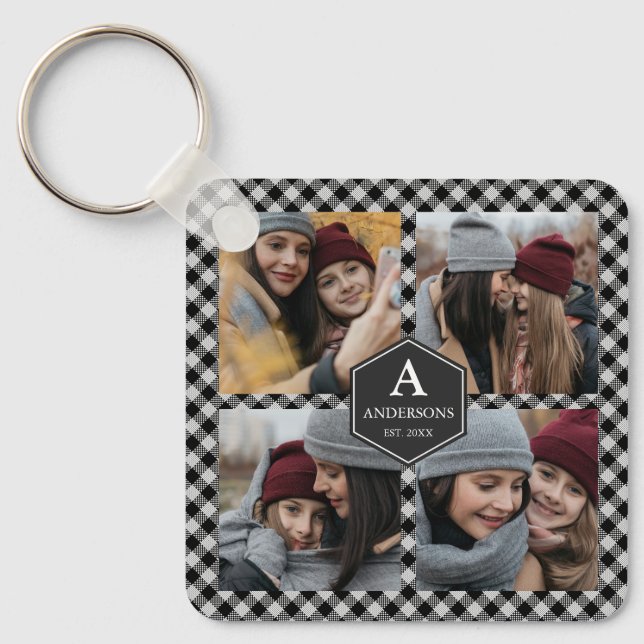 Black Buffalo Plaid Lumberjack Photo Collage Key Ring (Front)