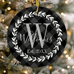 Black Buffalo Plaid Monogram Wreath Christmas Ceramic Tree Decoration<br><div class="desc">This cute rustic farmhouse design features a Buffalo Plaid pattern with a Monogram Wreath. A trendy Family Christmas Ceramic Ornament keepsake for the holidays. Personalise this custom design with your own family name or text.</div>