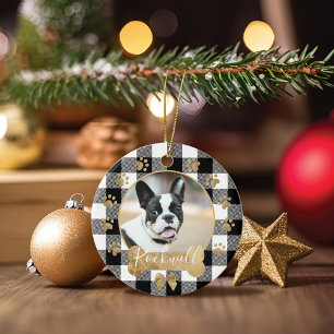 Black Buffalo Plaid Pattern Gold Bow Family Photo Ceramic Tree Decoration