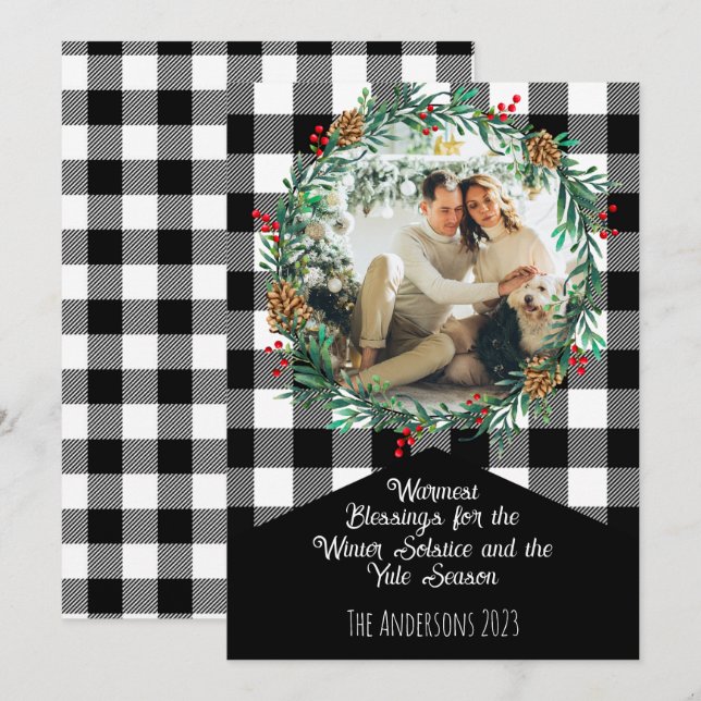 Black Buffalo Plaid Photo Wreath Yule Solstice Holiday Card (Front/Back)