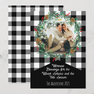 Black Buffalo Plaid Photo Wreath Yule Solstice Holiday Card