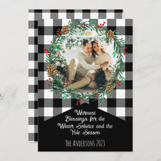 Black Buffalo Plaid Photo Wreath Yule Solstice Holiday Card