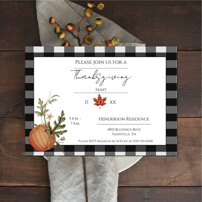 Black Buffalo Plaid Pumpkin Thanksgiving Dinner Invitation (Black Buffalo Plain Pumpkin Thanksgiving Dinner Invitation)