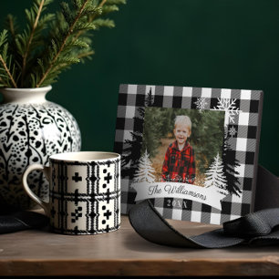 Black Buffalo Plaid Rustic Pine Tree Family Photo  Plaque