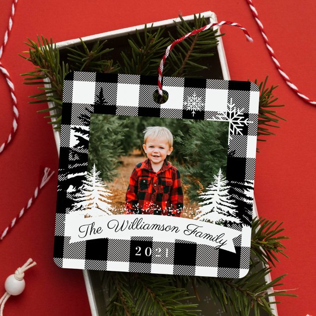 Black Buffalo Plaid Rustic Pine Trees Family Photo Metal Tree Decoration (Black Buffalo Plaid Rustic Pine Trees Family Photo Metal Ornament)