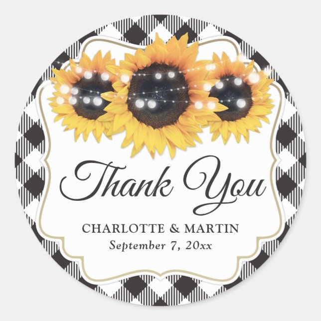 Black Buffalo Plaid Sunflower Wedding Thank You Classic Round Sticker (Front)