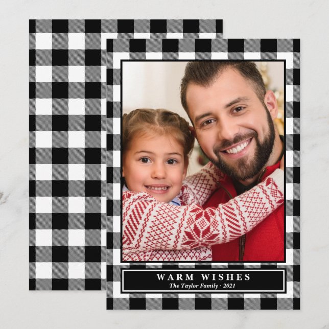 Black Buffalo Plaid Warm Wishes Vertical Photo Holiday Card (Front/Back)