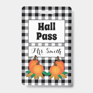 Black Buffalo Plaid with Pumpkins Hall Pass Badge ID Badge