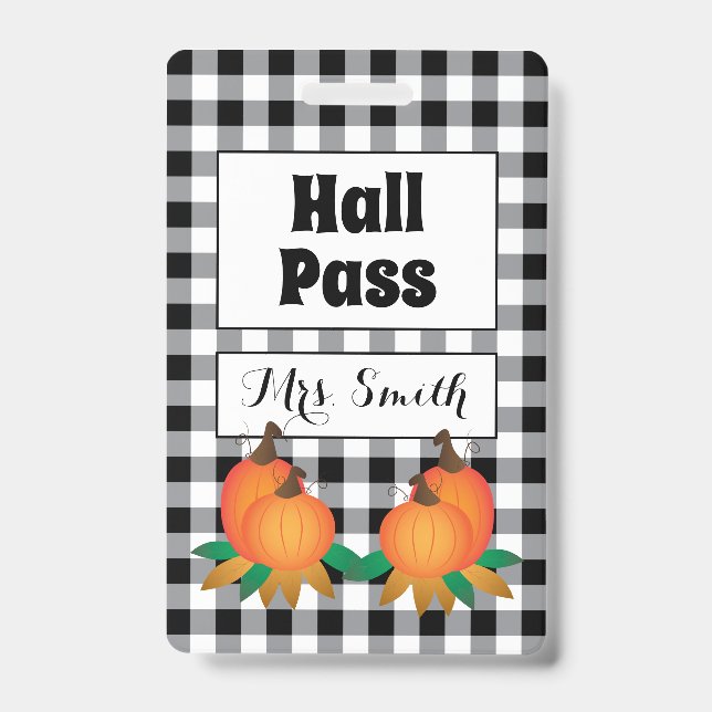 Black Buffalo Plaid with Pumpkins Hall Pass Badge ID Badge (Front)
