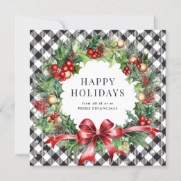 Black Buffalo Plaid Wreath Holly Berries Business Holiday Card