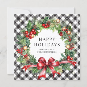 Black Buffalo Plaid Wreath Holly Berries Business Holiday Card