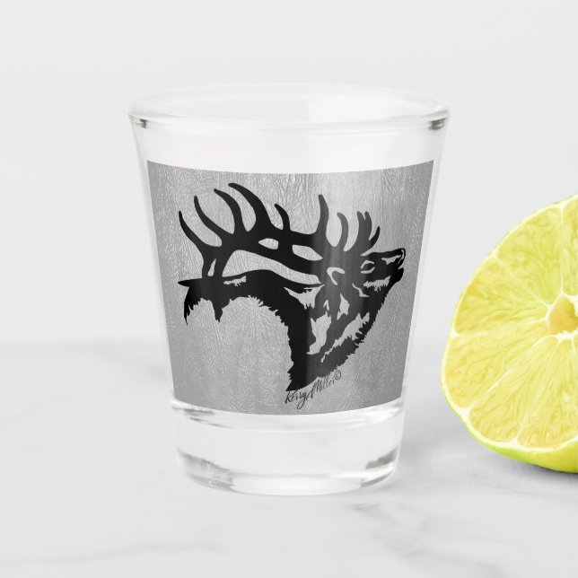 Black Bull Elk On Silver Leather Shot Glass (Front)