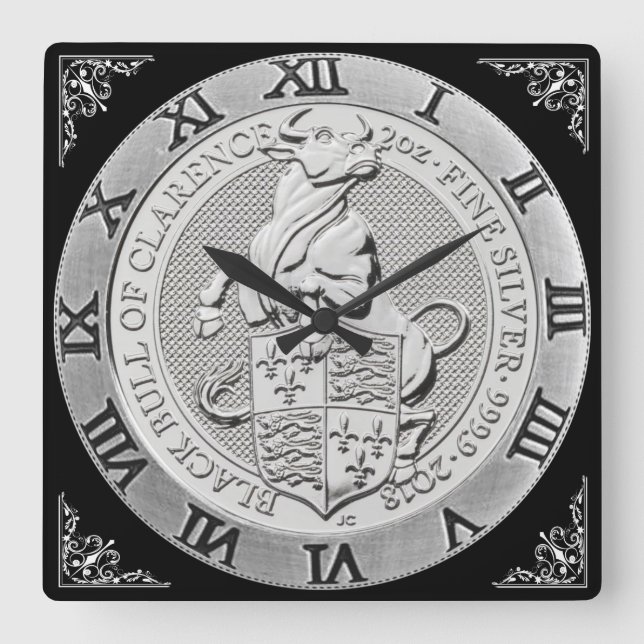 BLACK BULL OF CLARENCE COIN SQUARE WALL CLOCK (Front)
