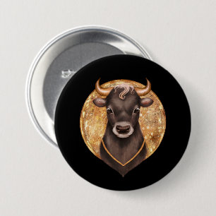 Black bull on gold, cute bull 2021, year of the ox 7.5 cm round badge