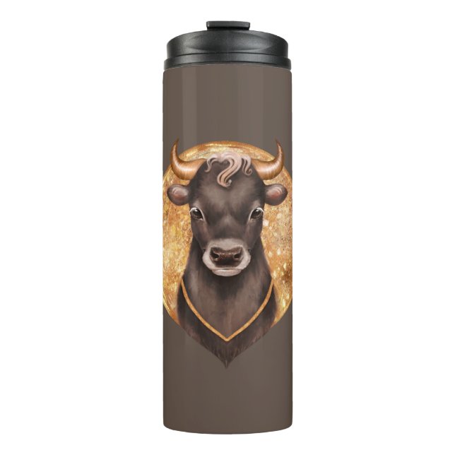 Black bull on gold, cute bull 2021, year of the ox thermal tumbler (Front)