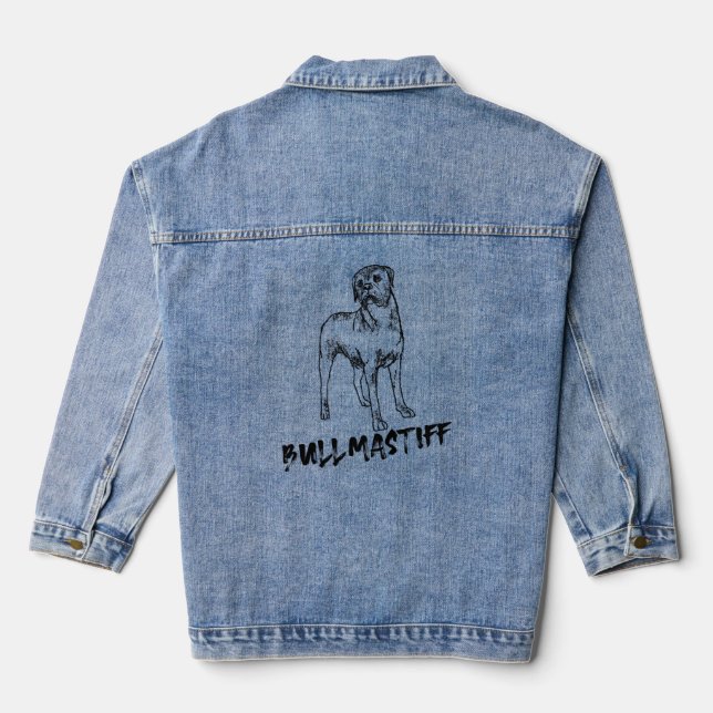 Black Bullmastiff Dog Unique Hand Drawn  Denim Jacket (Back)