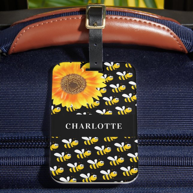 Black bumble bees sunflower name luggage tag (Front Insitu 2)