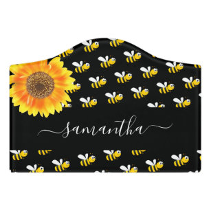 Black bumble bees sunflower name script door sign