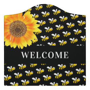 Black bumble bees sunflower welcome door sign