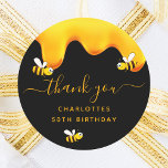 Black bumble bees sweet honey birthday thank you classic round sticker<br><div class="desc">A chic black background decorated with golden dripping honey. The text: thank you with a golden hand lettered style script with swashes.  Personalise and add a name and text. For a 50th (or any age) birthday party favours.</div>