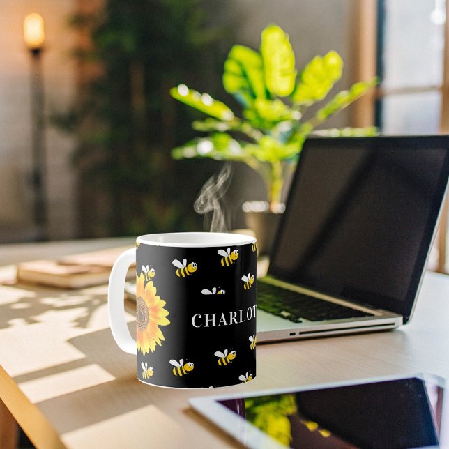 Black bumble bees yellow sunflowers name coffee mug (Creator Uploaded)