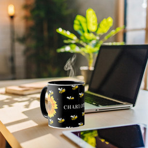 Black bumble bees yellow sunflowers name mug