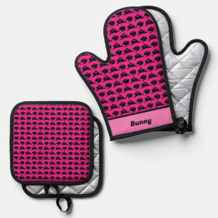 Black Bunnies on Pink Personalised Oven Mitt & Pot Holder Set
